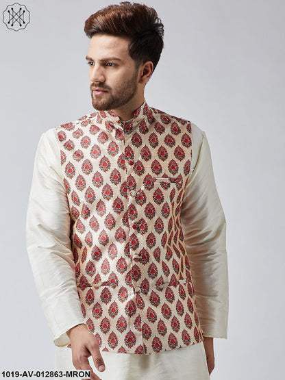 Men's Maroon Printed Nehru Jacket