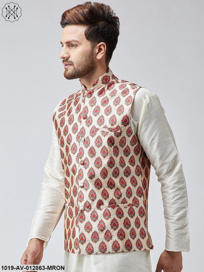 Men's Maroon Printed Nehru Jacket