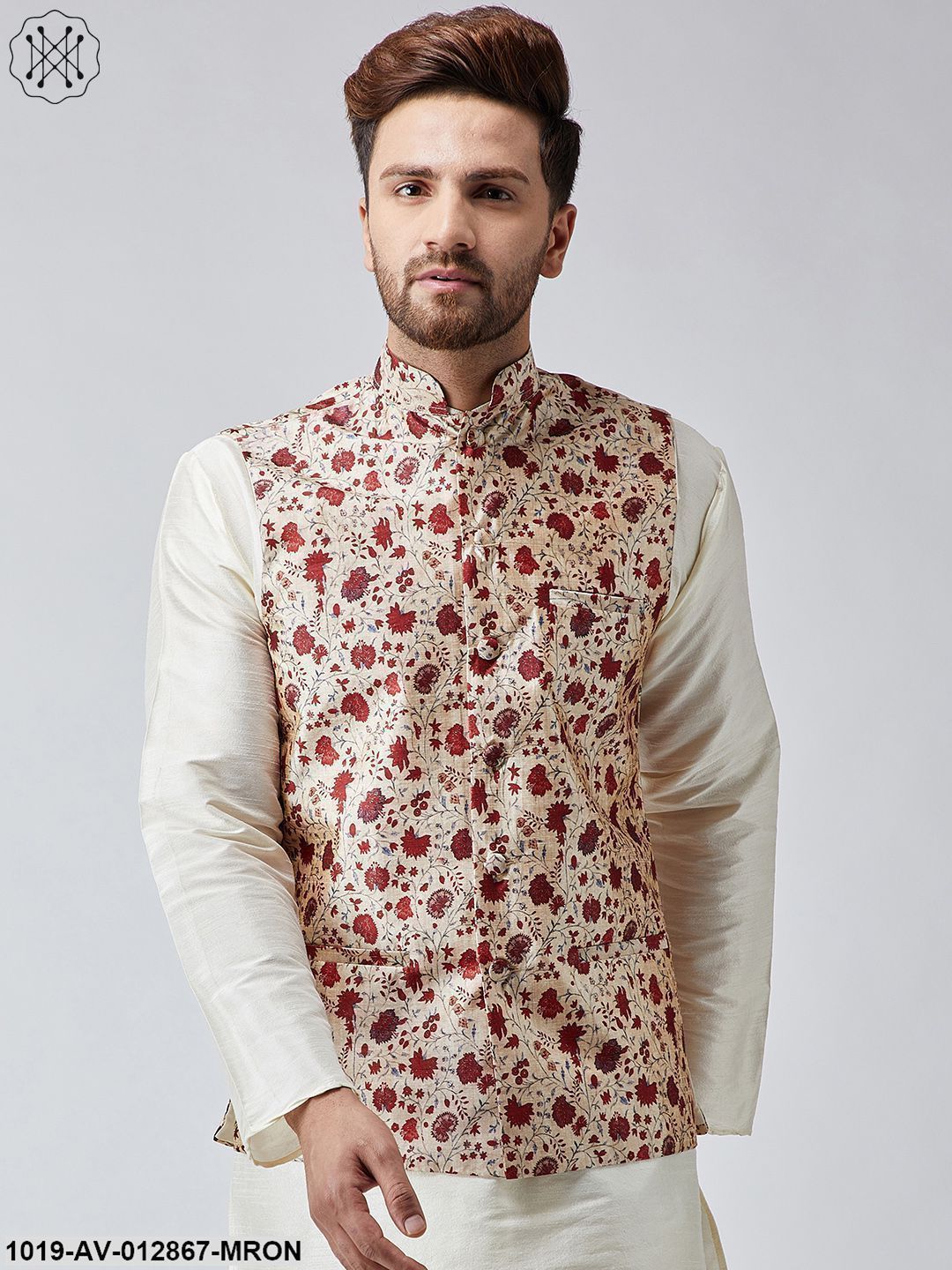 Men's Maroon Printed Nehru Jacket