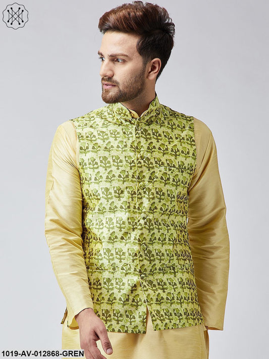 Men's Lime Green Printed Nehru Jacket