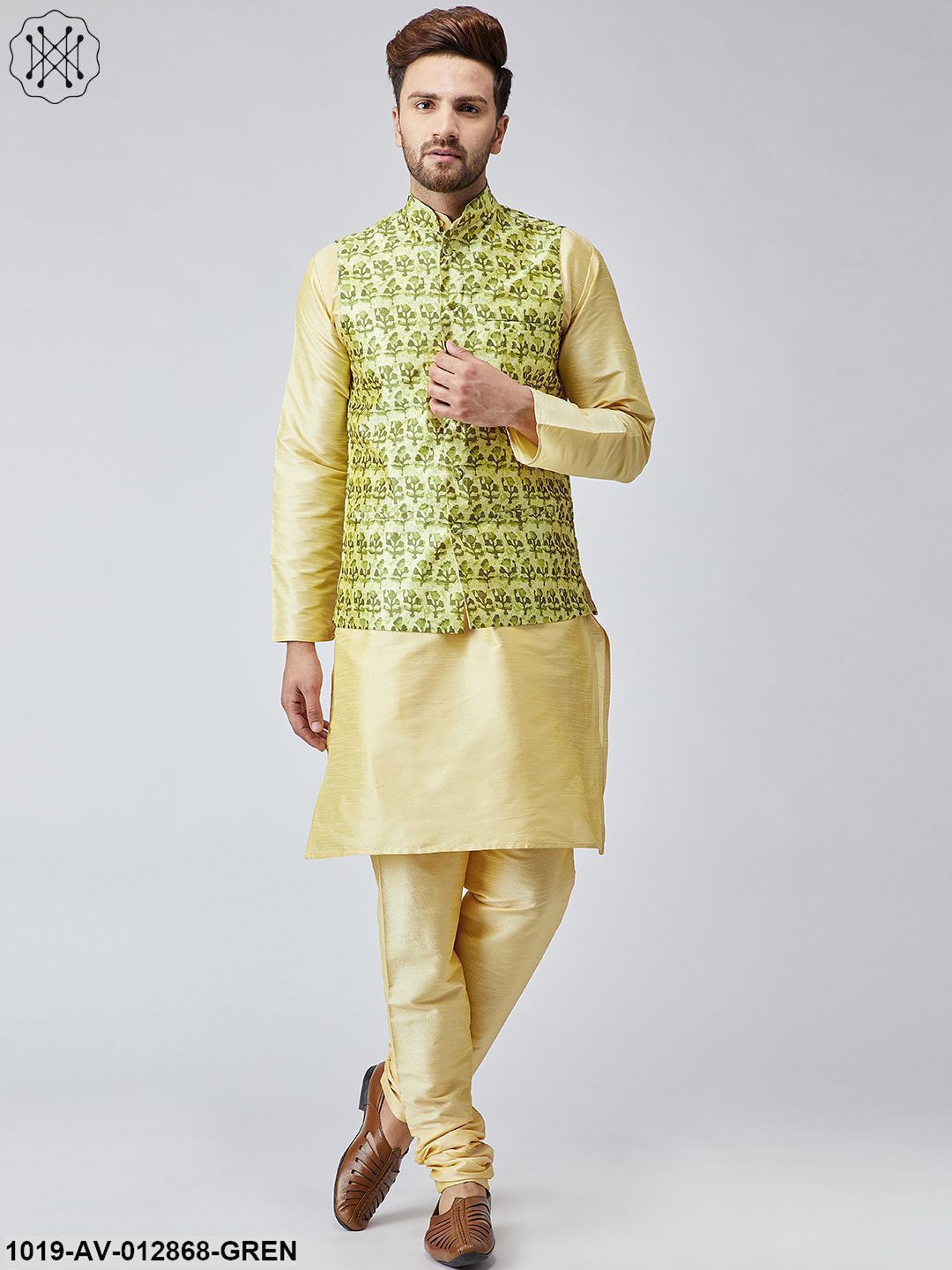 Men's Lime Green Printed Nehru Jacket