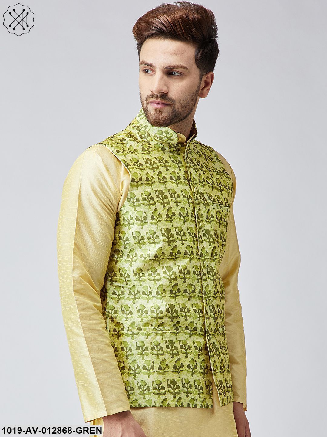 Men's Lime Green Printed Nehru Jacket