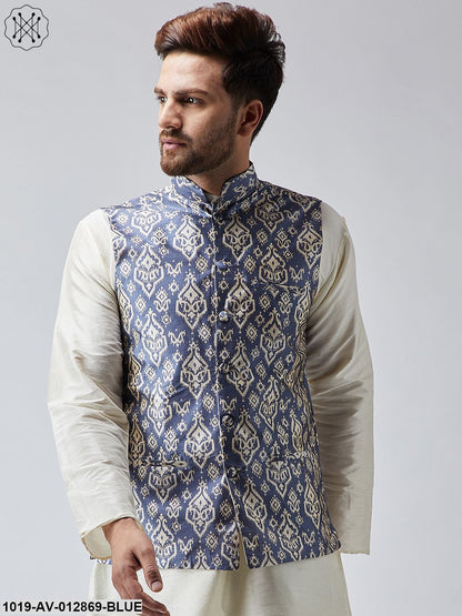 Men's Blue Printed Nehru Jacket