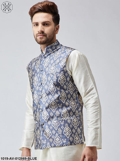 Men's Blue Printed Nehru Jacket