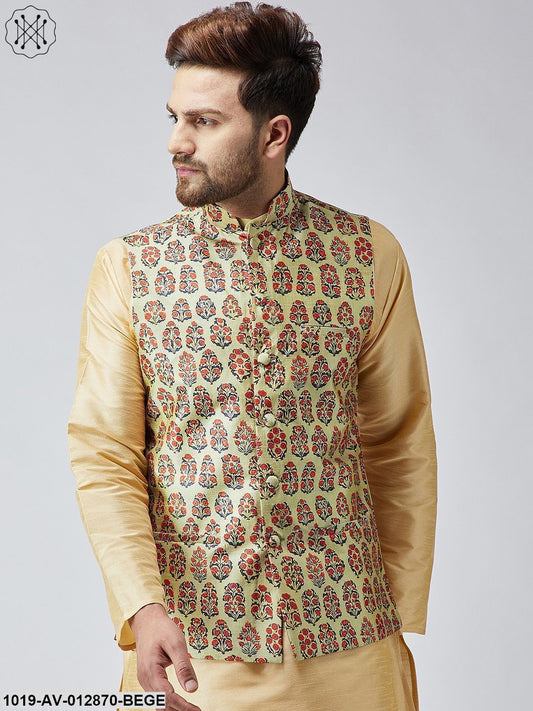 Men's Beige Printed Nehru Jacket