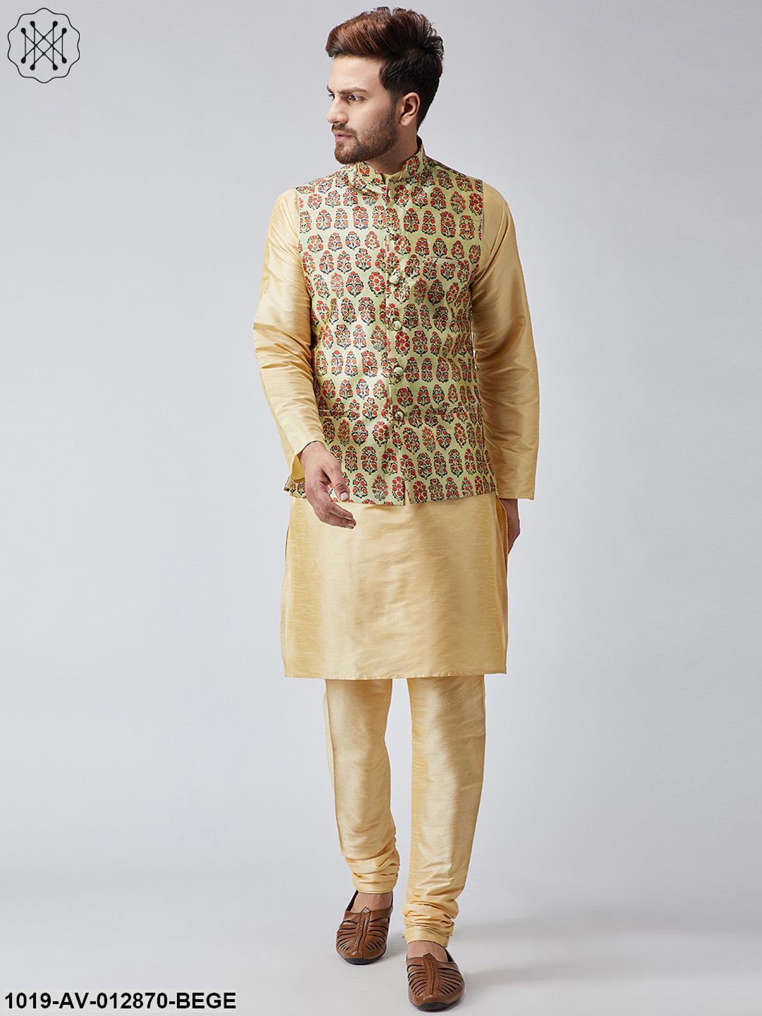 Men's Beige Printed Nehru Jacket