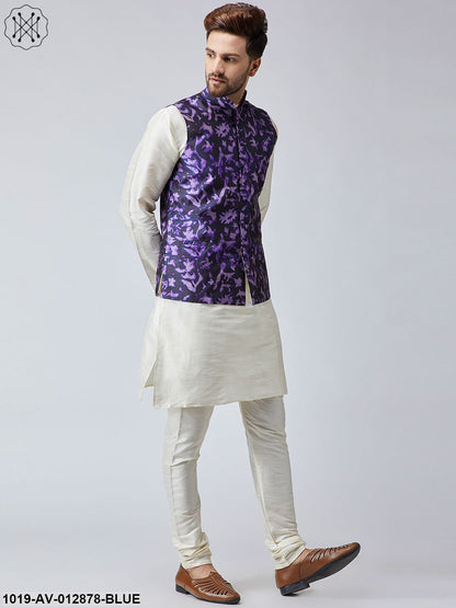 Men's Navy Blue Printed Nehru Jacket