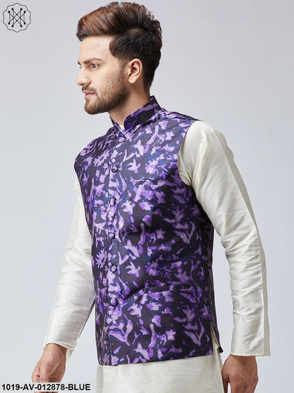 Men's Navy Blue Printed Nehru Jacket