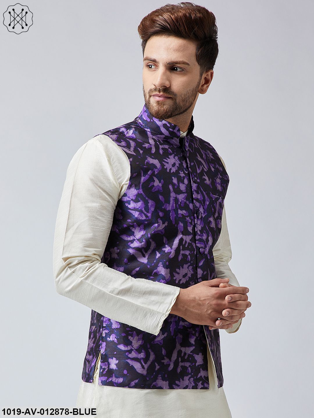 Men's Navy Blue Printed Nehru Jacket