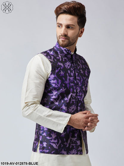 Men's Navy Blue Printed Nehru Jacket