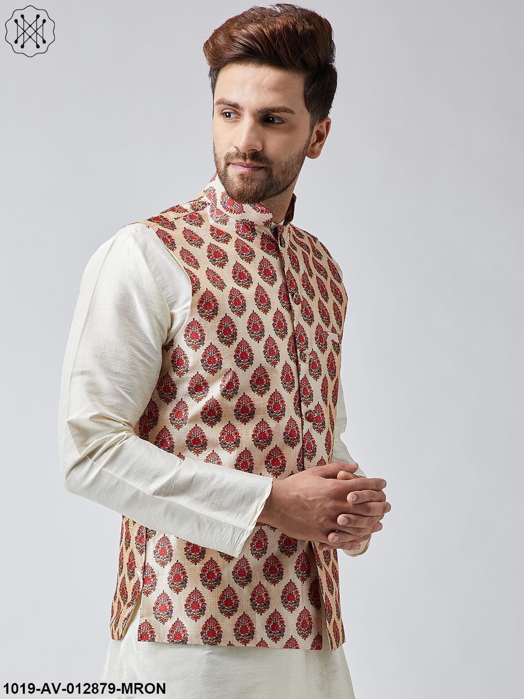 Men's Maroon Printed Nehru Jacket