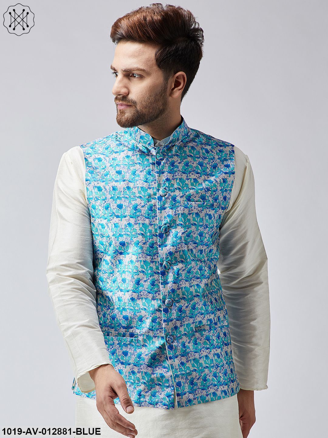 Men's Sky Blue Printed Nehru Jacket