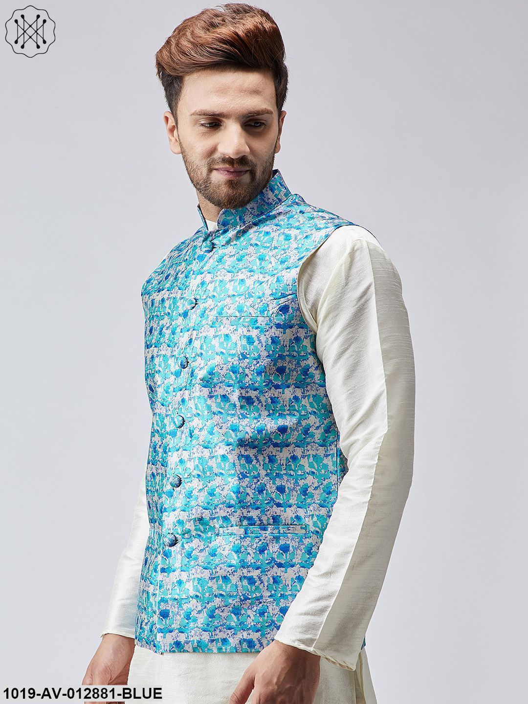 Men's Sky Blue Printed Nehru Jacket