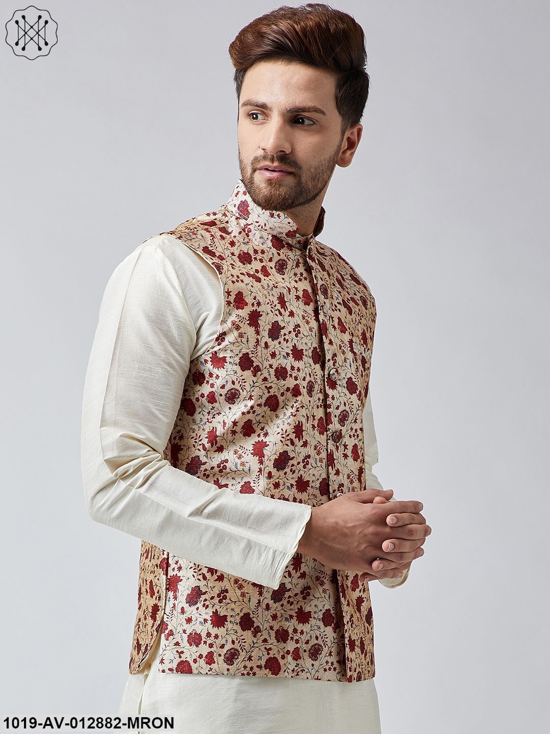 Men's Maroon Printed Nehru Jacket