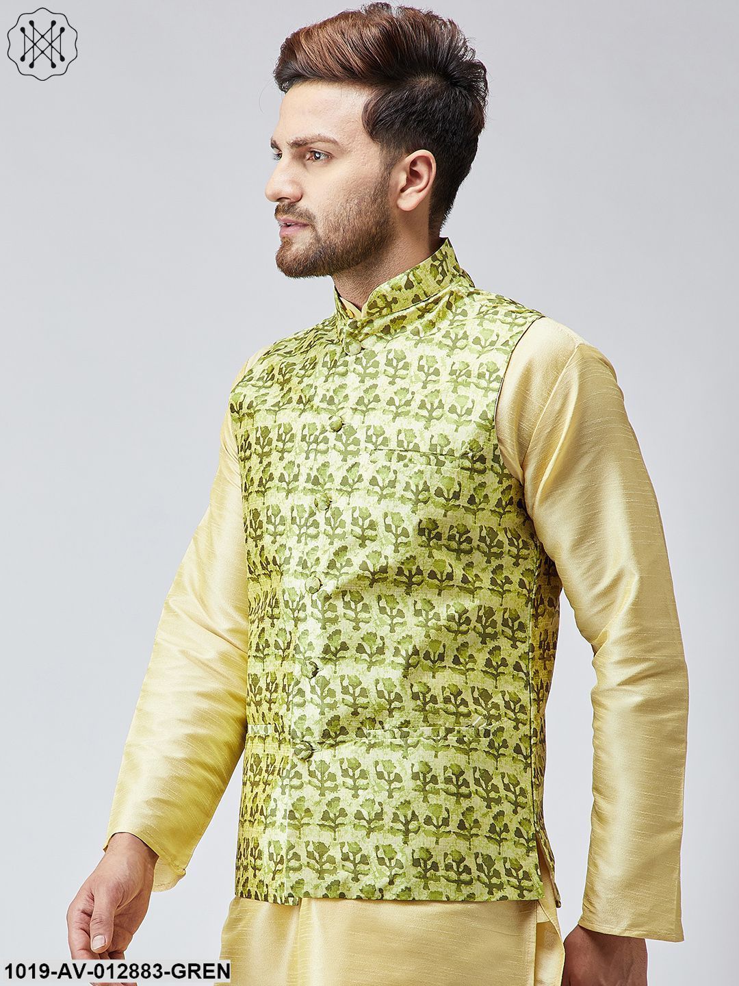 Men's Lime Green Printed Nehru Jacket