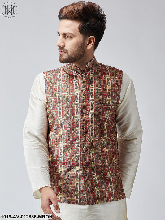 Men's Maroon Printed Nehru Jacket