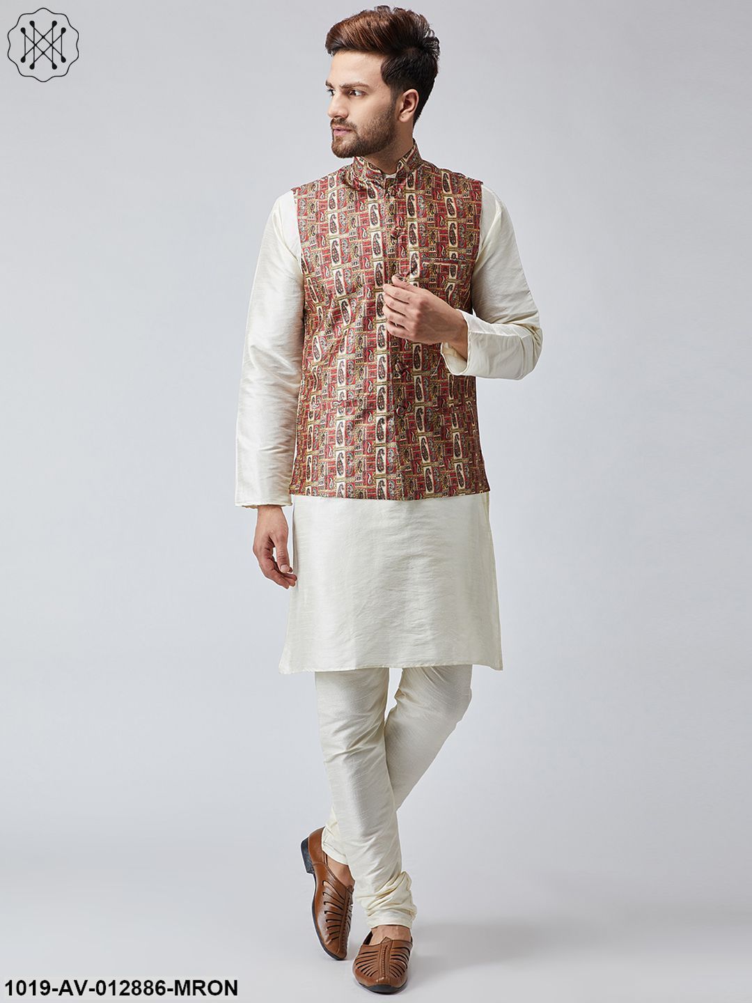 Men's Maroon Printed Nehru Jacket