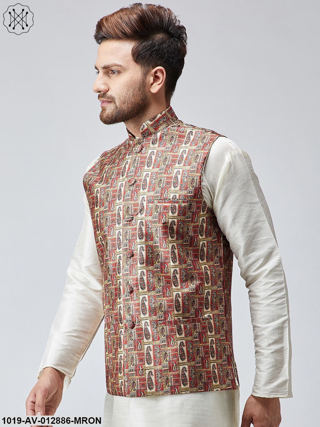 Men's Maroon Printed Nehru Jacket