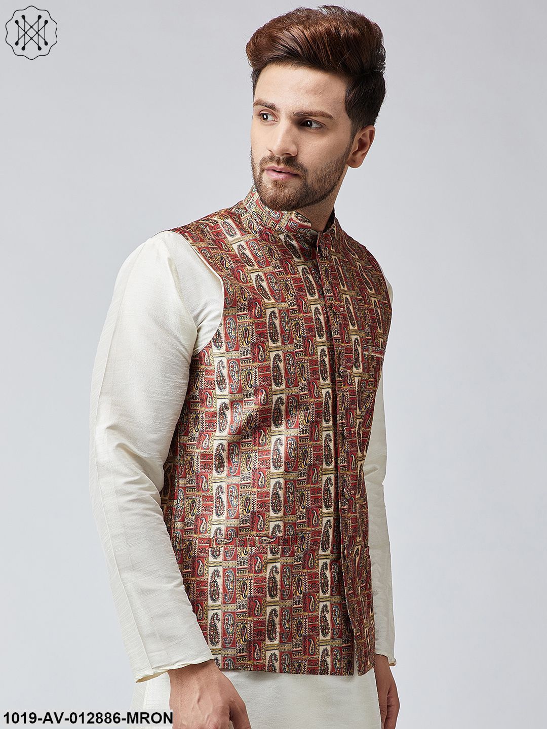 Men's Maroon Printed Nehru Jacket