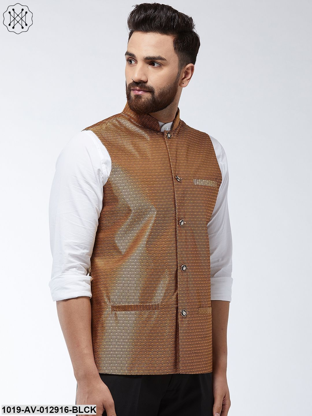 Men's Jacquard Silk Copper Self Design Nehru Jacket