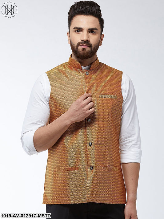 Men's Jacquard Silk Mustard Self Design Nehru Jacket