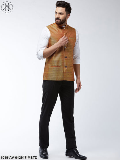 Men's Jacquard Silk Mustard Self Design Nehru Jacket