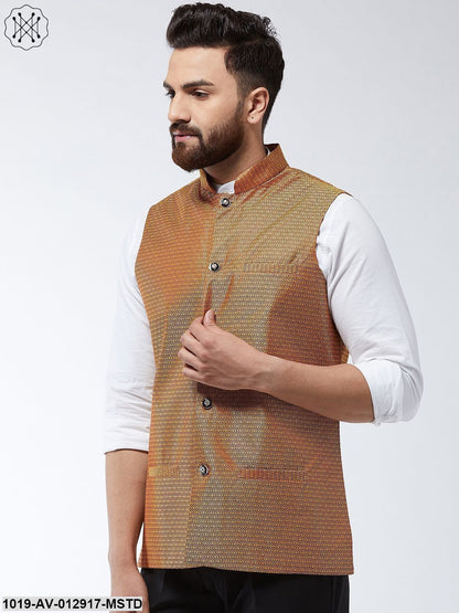 Men's Jacquard Silk Mustard Self Design Nehru Jacket