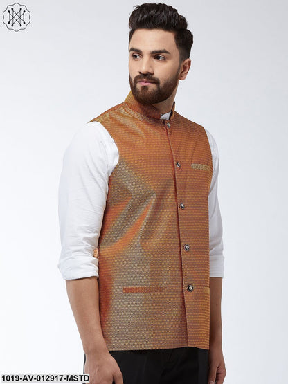 Men's Jacquard Silk Mustard Self Design Nehru Jacket