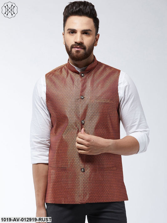 Men's Jacquard Silk Rust Self Design Nehru Jacket