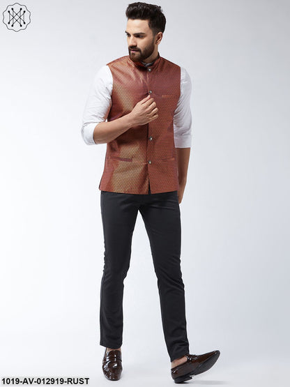 Men's Jacquard Silk Rust Self Design Nehru Jacket