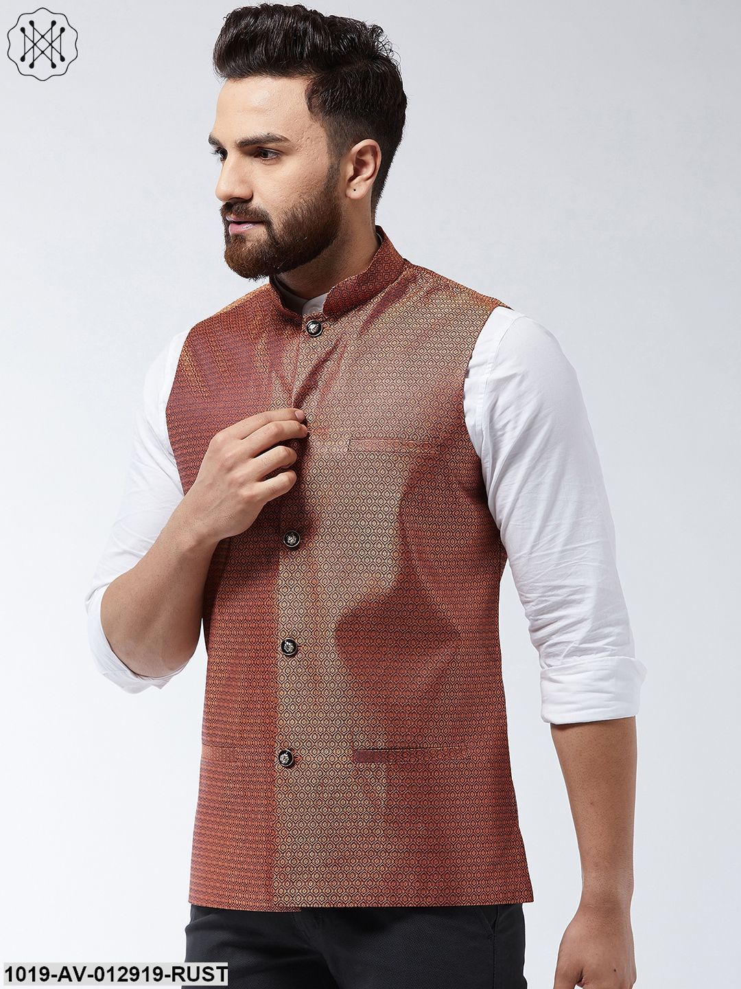 Men's Jacquard Silk Rust Self Design Nehru Jacket