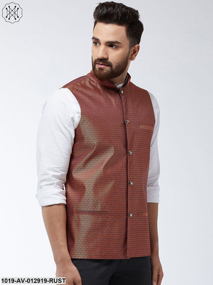 Men's Jacquard Silk Rust Self Design Nehru Jacket