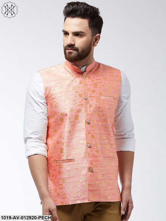 Men's Jacquard Silk Peach Designer Nehru Jacket