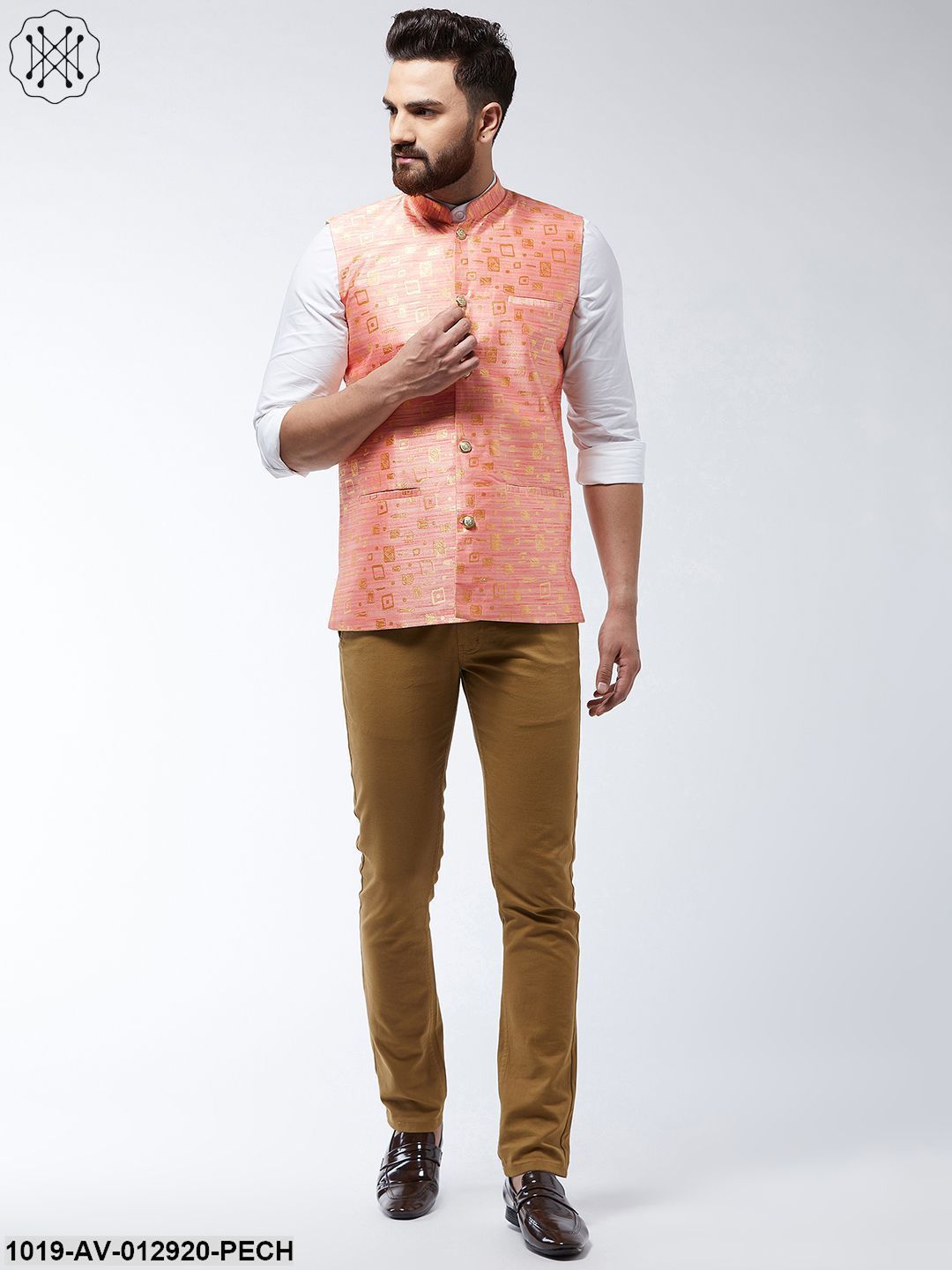 Men's Jacquard Silk Peach Designer Nehru Jacket