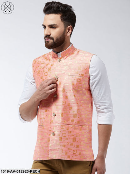 Men's Jacquard Silk Peach Designer Nehru Jacket