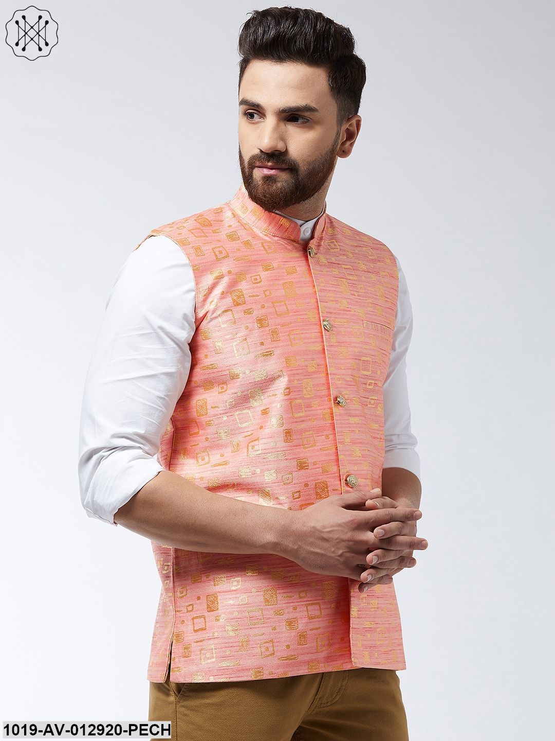 Men's Jacquard Silk Peach Designer Nehru Jacket