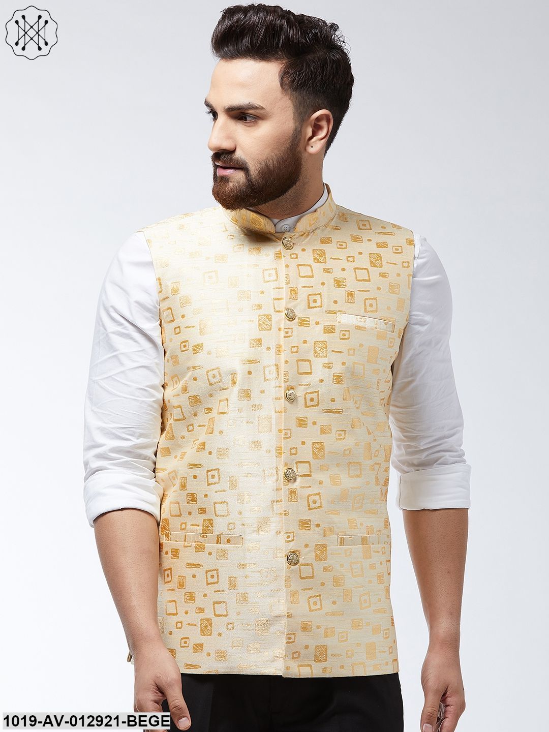 Men's Jacquard Silk Beige Designer Nehru Jacket