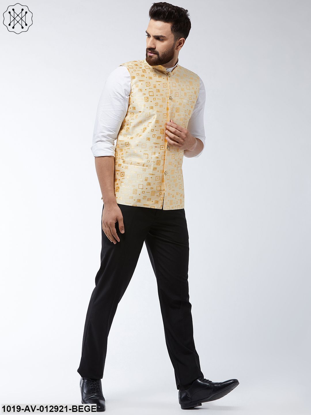 Men's Jacquard Silk Beige Designer Nehru Jacket