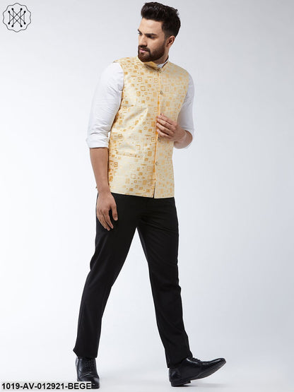 Men's Jacquard Silk Beige Designer Nehru Jacket