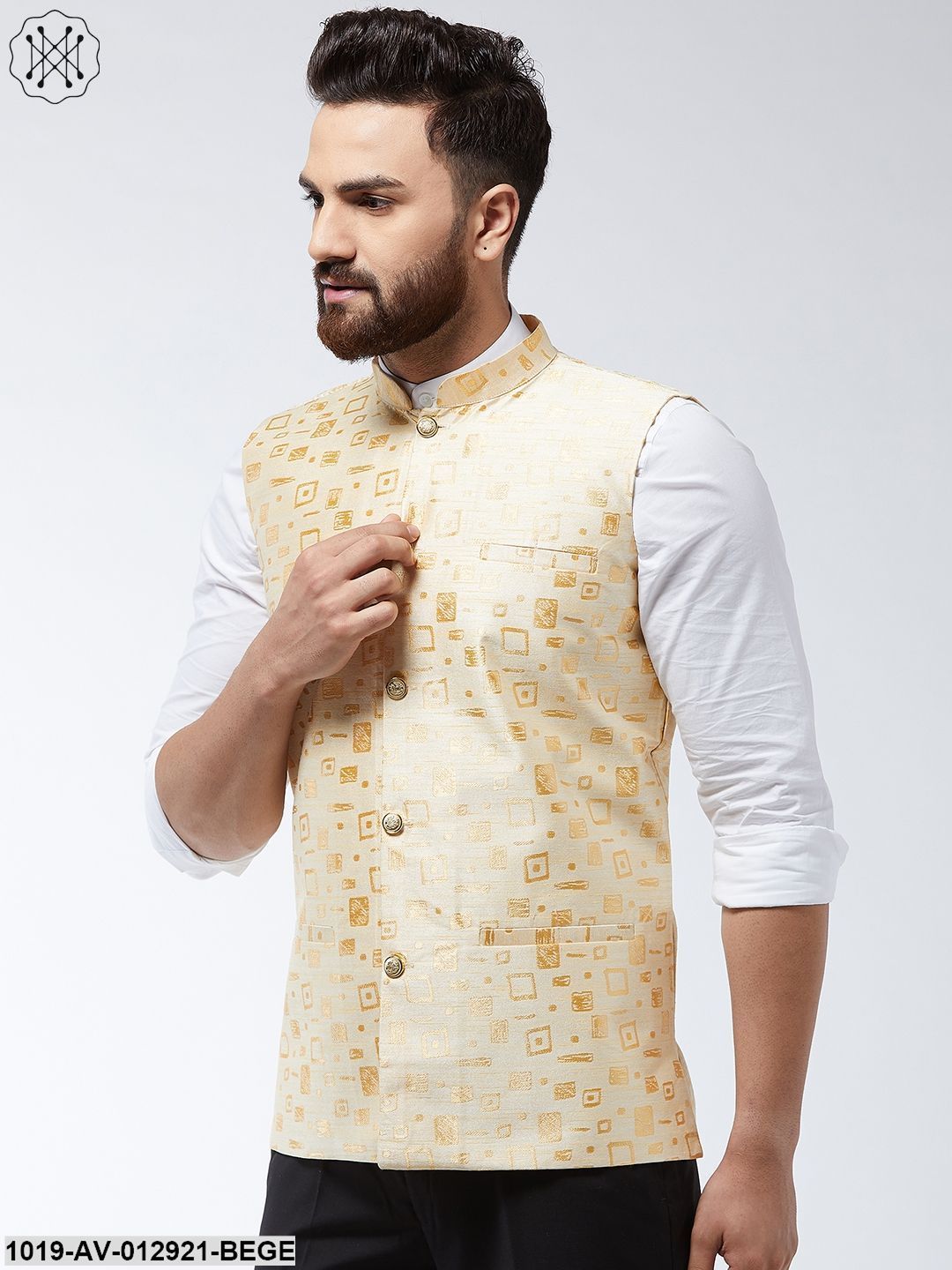 Men's Jacquard Silk Beige Designer Nehru Jacket