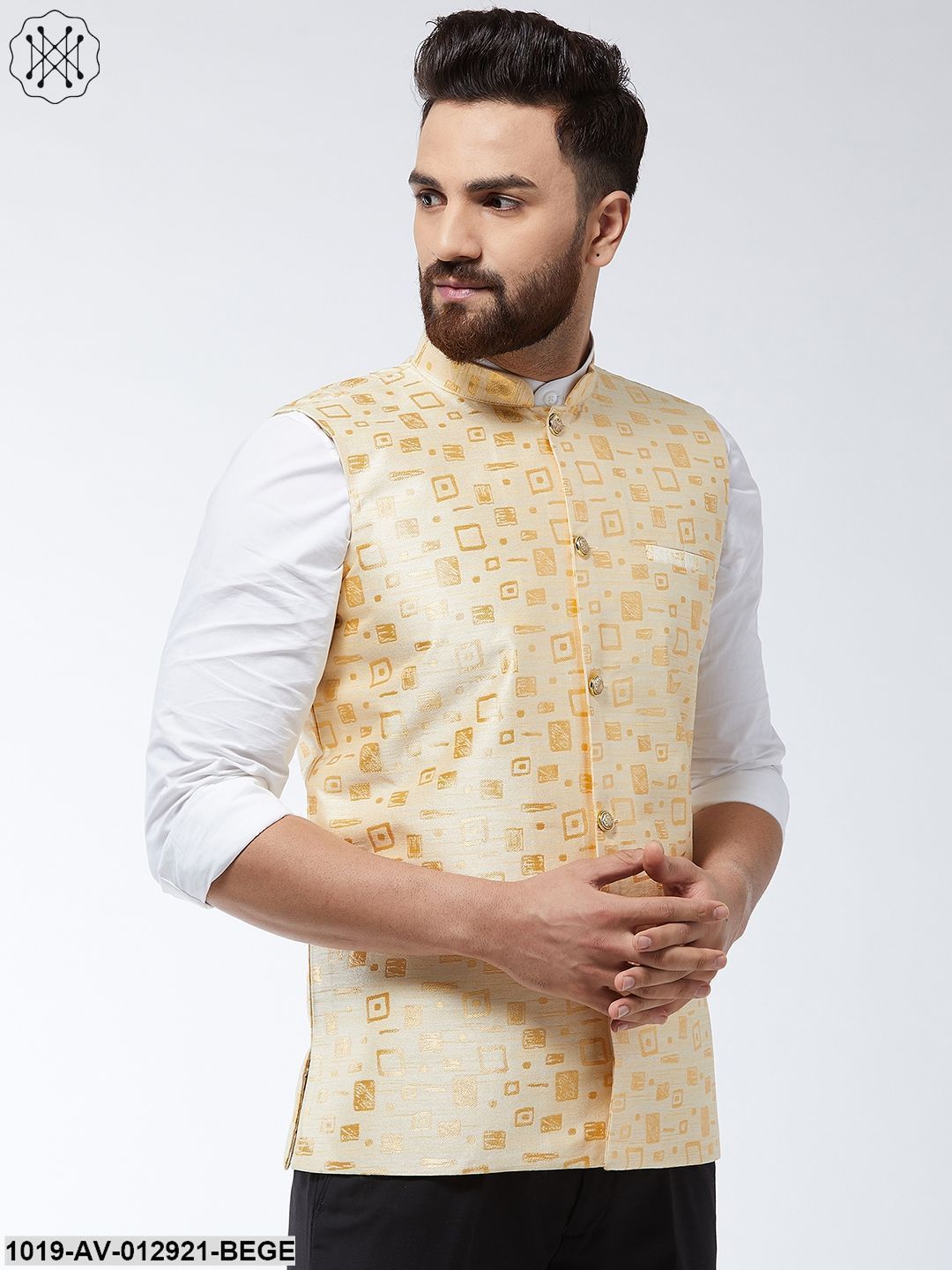 Men's Jacquard Silk Beige Designer Nehru Jacket