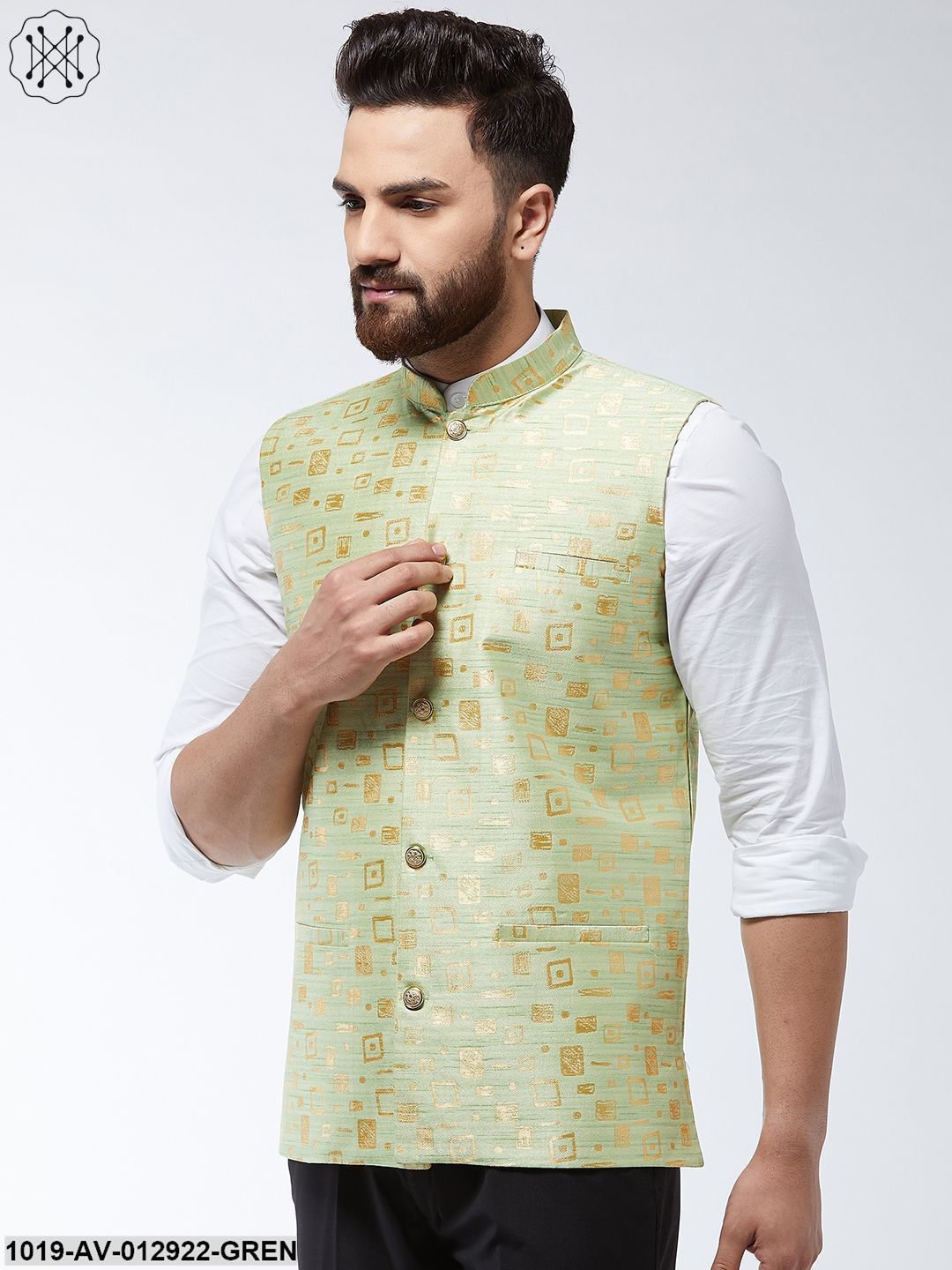 Men's Jacquard Silk Green Designer Nehru Jacket