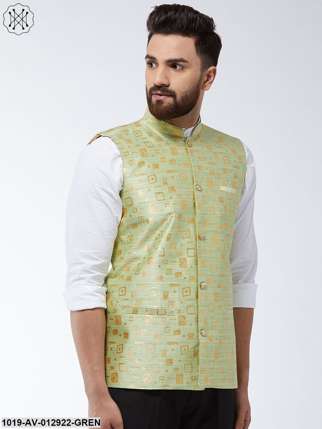 Men's Jacquard Silk Green Designer Nehru Jacket