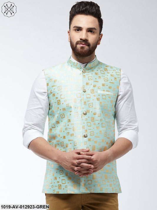 Men's Jacquard Silk Sea Green Designer Nehru Jacket