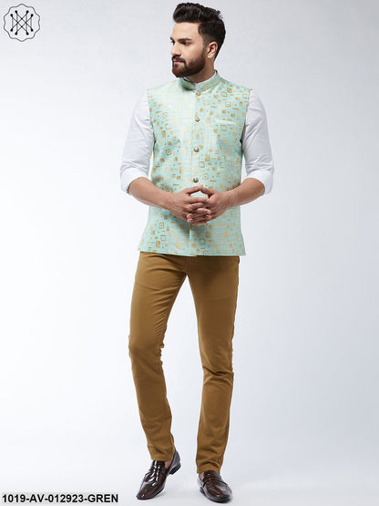 Men's Jacquard Silk Sea Green Designer Nehru Jacket