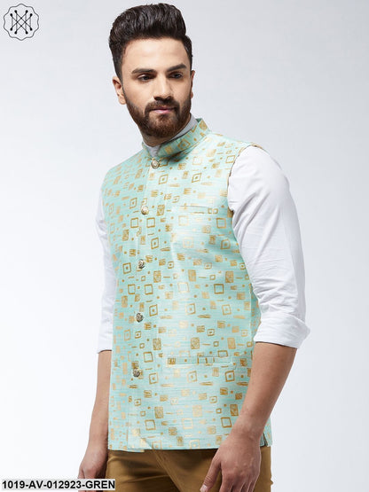 Men's Jacquard Silk Sea Green Designer Nehru Jacket