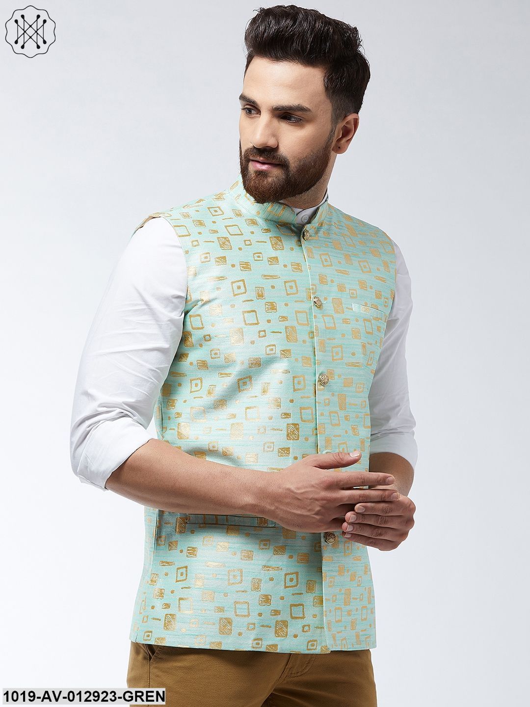 Men's Jacquard Silk Sea Green Designer Nehru Jacket