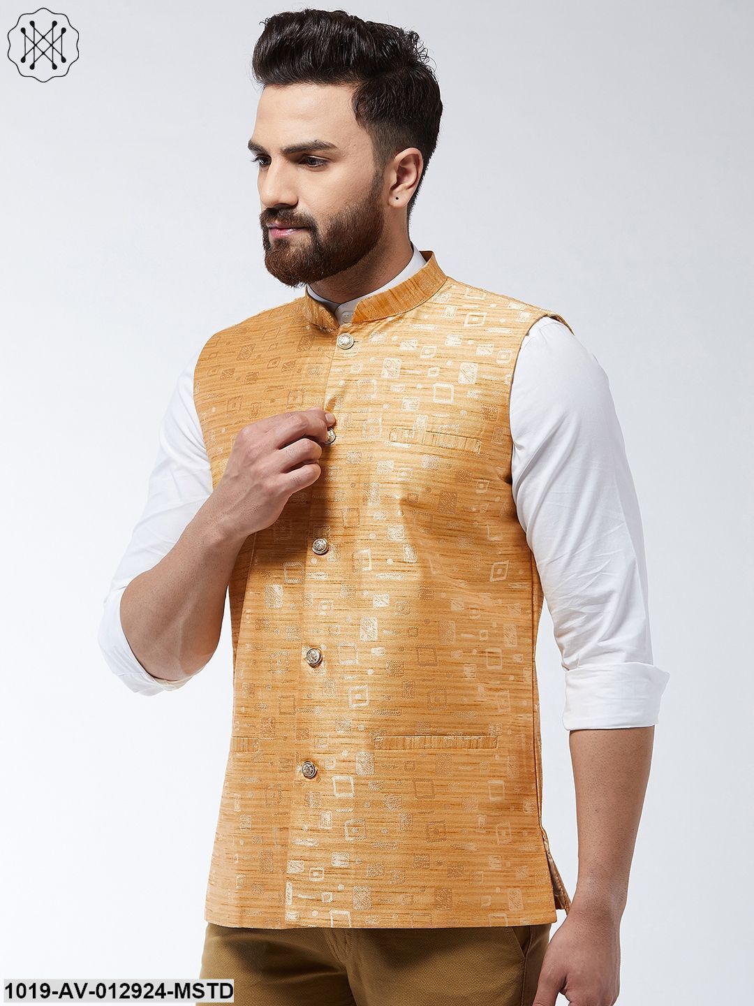 Men's Jacquard Silk Mustard Designer Nehru Jacket