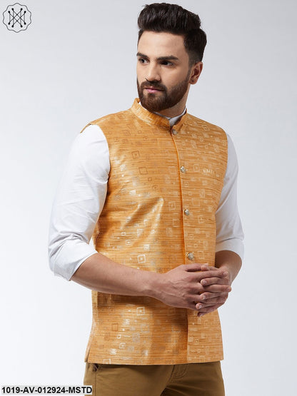 Men's Jacquard Silk Mustard Designer Nehru Jacket