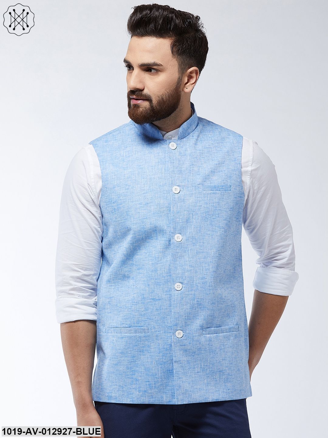 Men's Cotton Linen Blend Blue Nehru Jacket